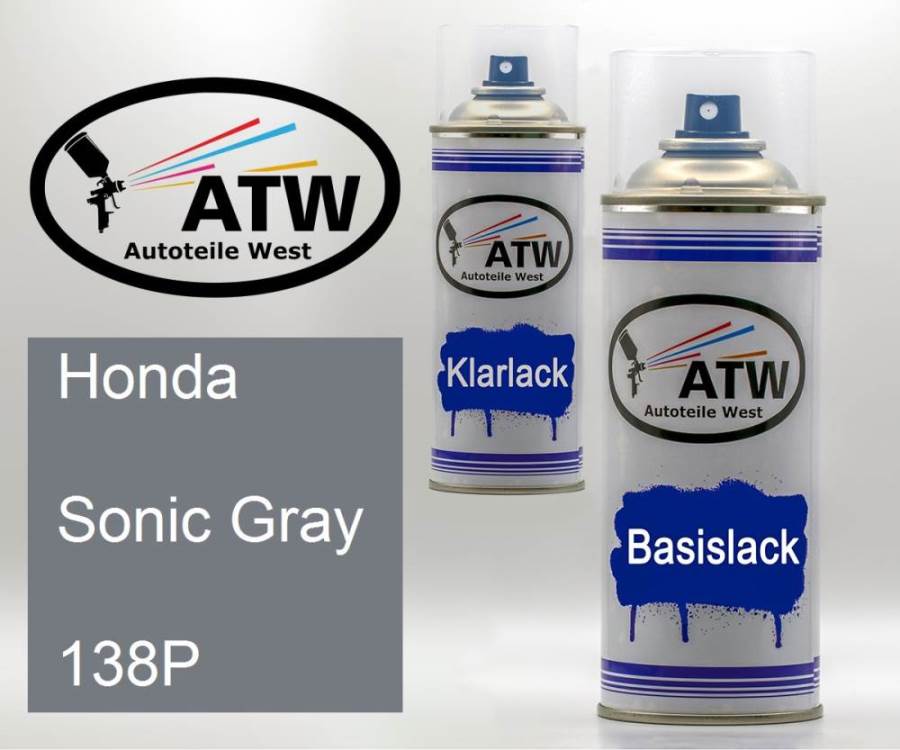 Honda, Sonic Gray, 138P: 400ml Sprühdose + 400ml Klarlack - Set, von ATW Autoteile West.